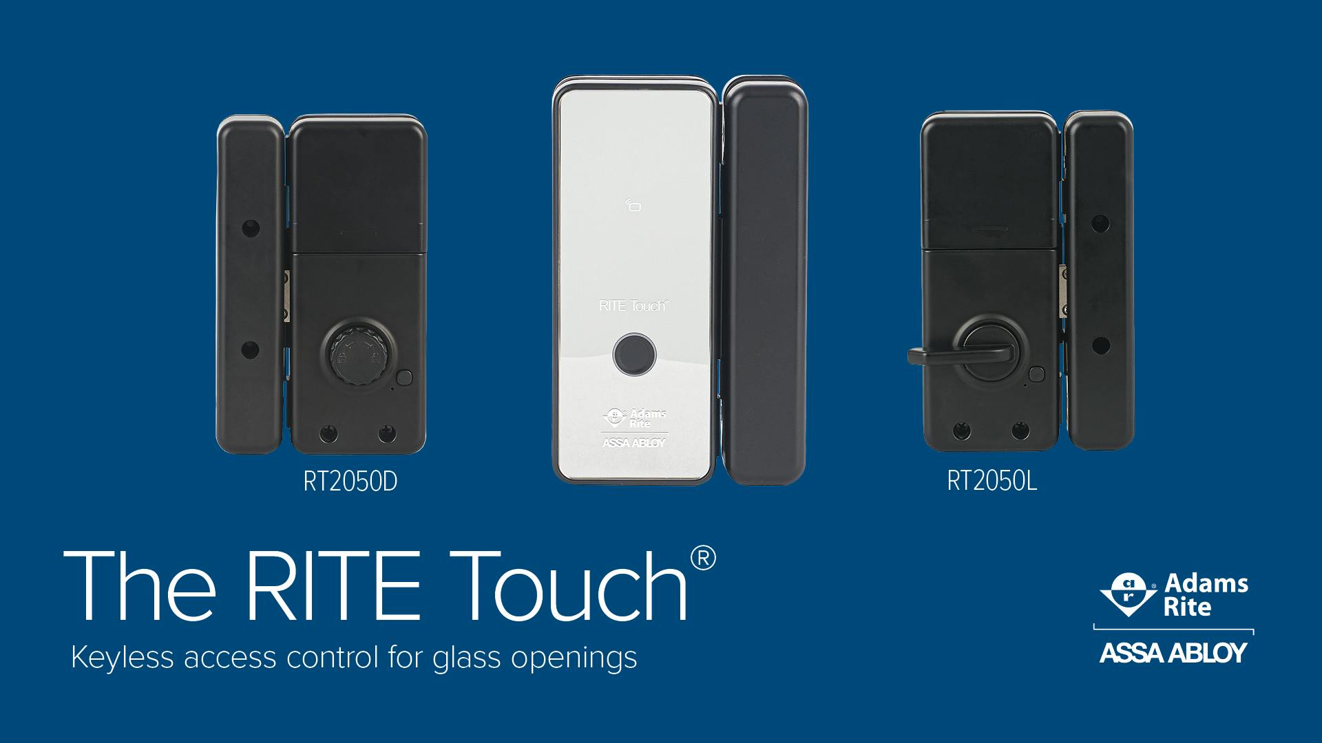The RITE Touch 2050 provides PIN, fingerprint and MIFARE credential access for all-glass interior doors.