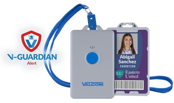 Valcom&rsquo;s V-Guardian Alert wearable panic button, designed to help users quickly initiate alerts and provide location information during an emergency.