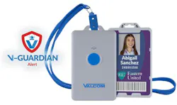 Valcom’s V-Guardian Alert wearable panic button, designed to help users quickly initiate alerts and provide location information during an emergency.