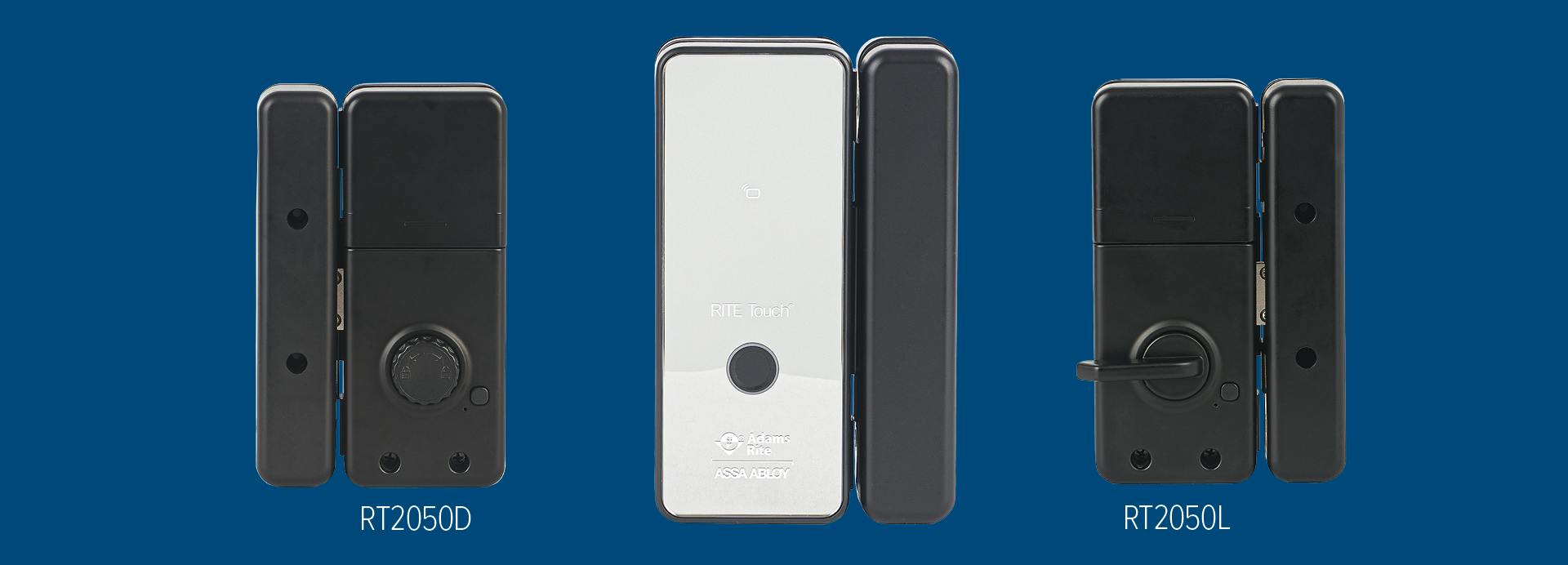 The RITE Touch 2050 provides PIN, fingerprint and MIFARE credential access for all-glass interior doors.