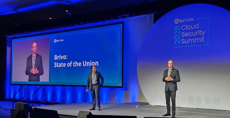 Brivo Chairman and CEO Dean Drako and company founder Steve Van Till discuss progress in combining Brivo and Eagle Eye Networks during the opening general session of the 2026 Brivo Cloud Security Summit in Arlington, Texas.